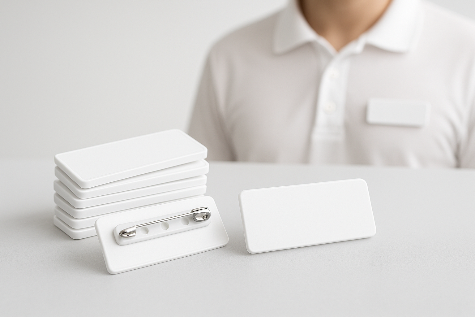 Stack of cheap white plastic name badges with pin fasteners, one worn by a retail employee