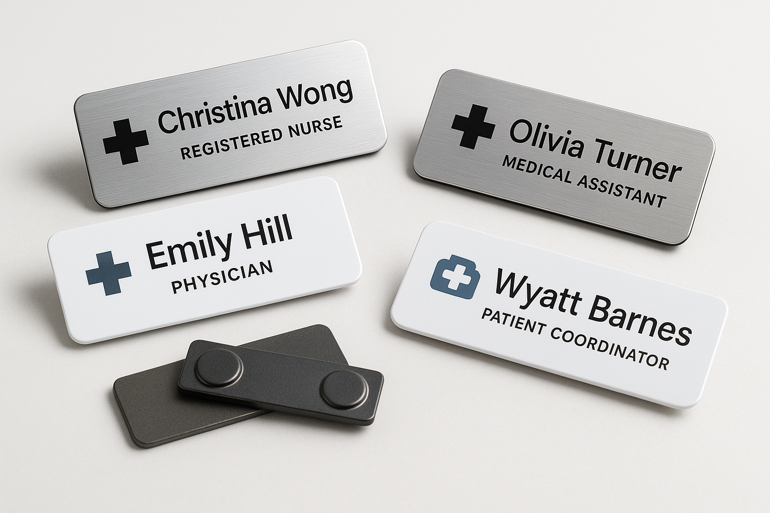 Healthcare name badges for nurses, physicians, medical assistants and patient coordinators