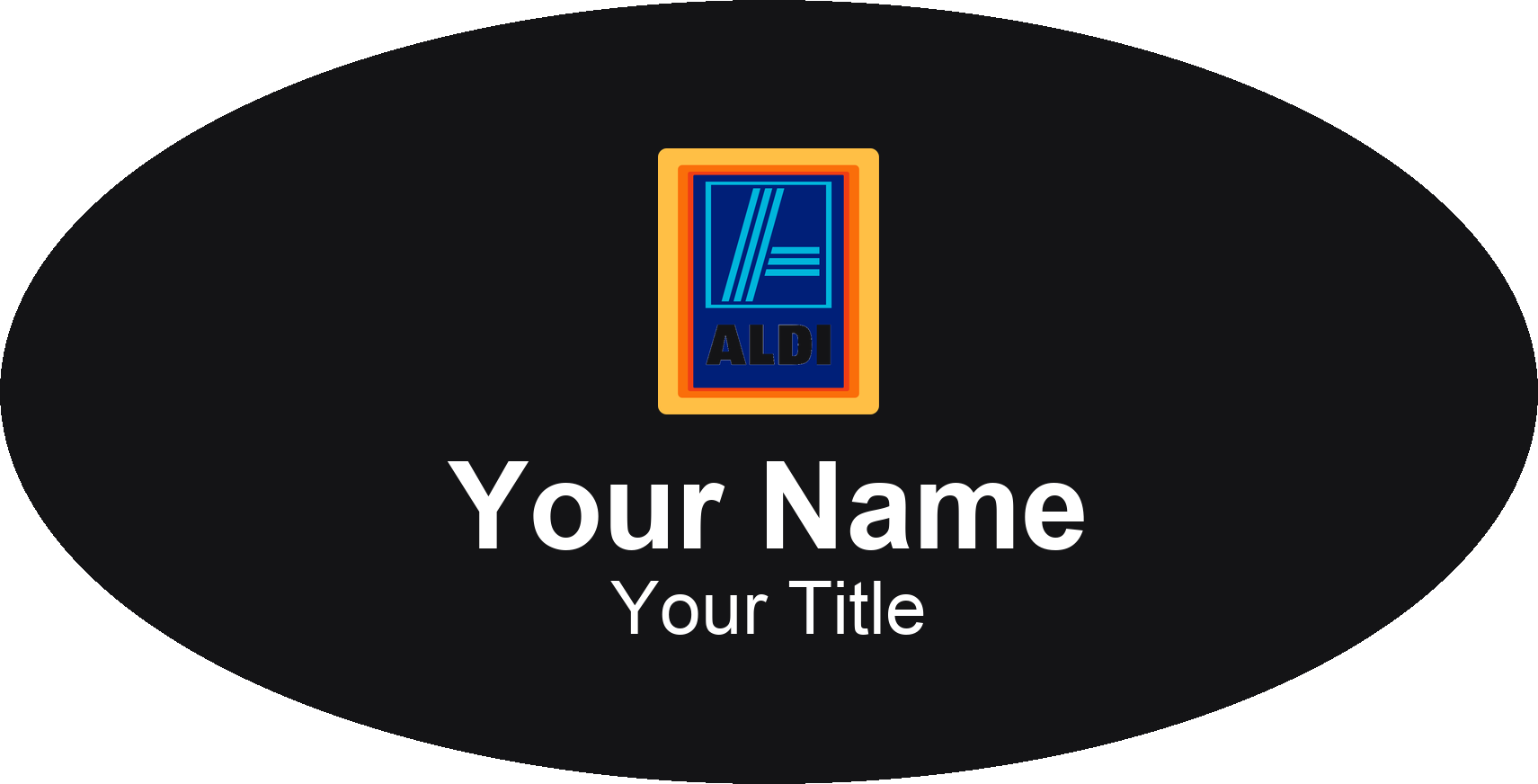 ALDI Name Badge, Black, No Border Oval 3" × 1.5"