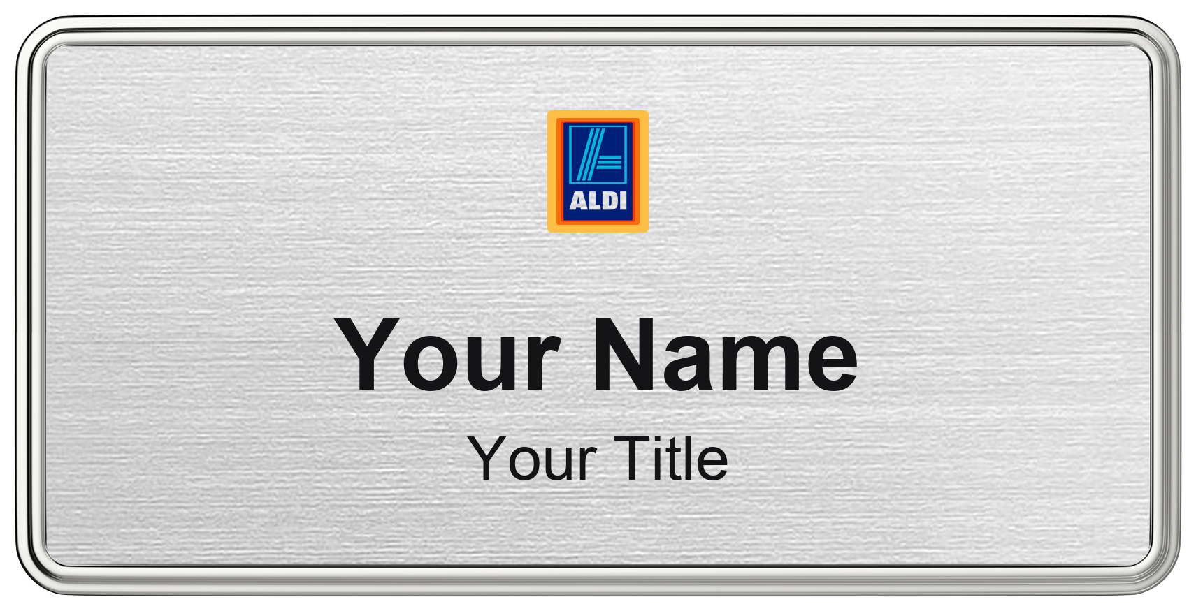 ALDI Name Badge, Silver Metallic, Silver Border 3" × 1.5"