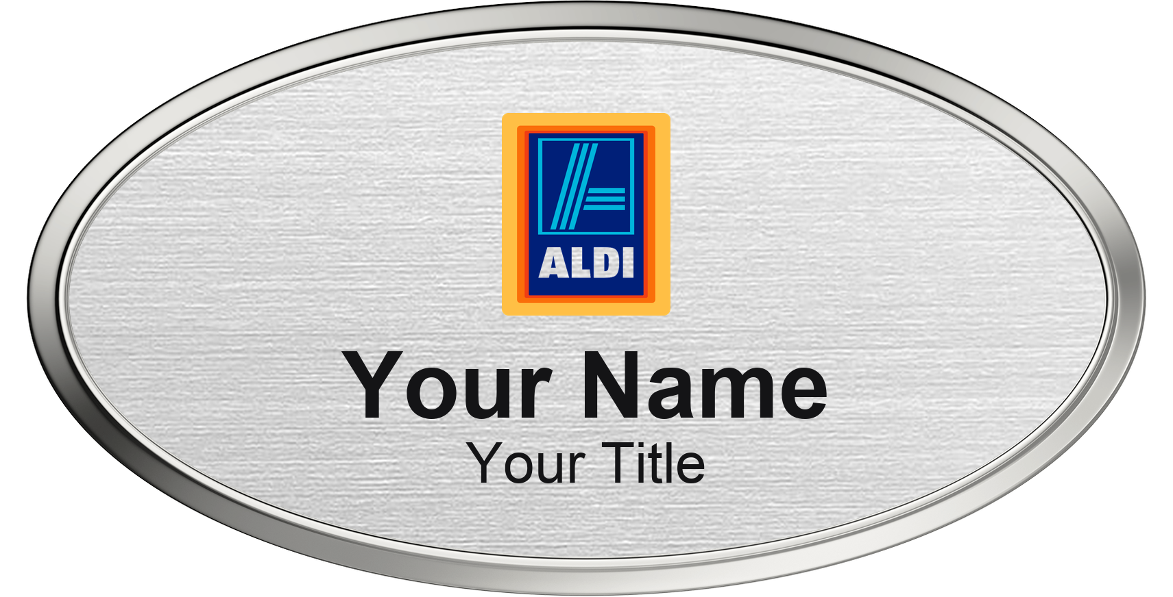 ALDI Name Badge, Silver Metallic, Silver Border Oval 3" × 1.5"