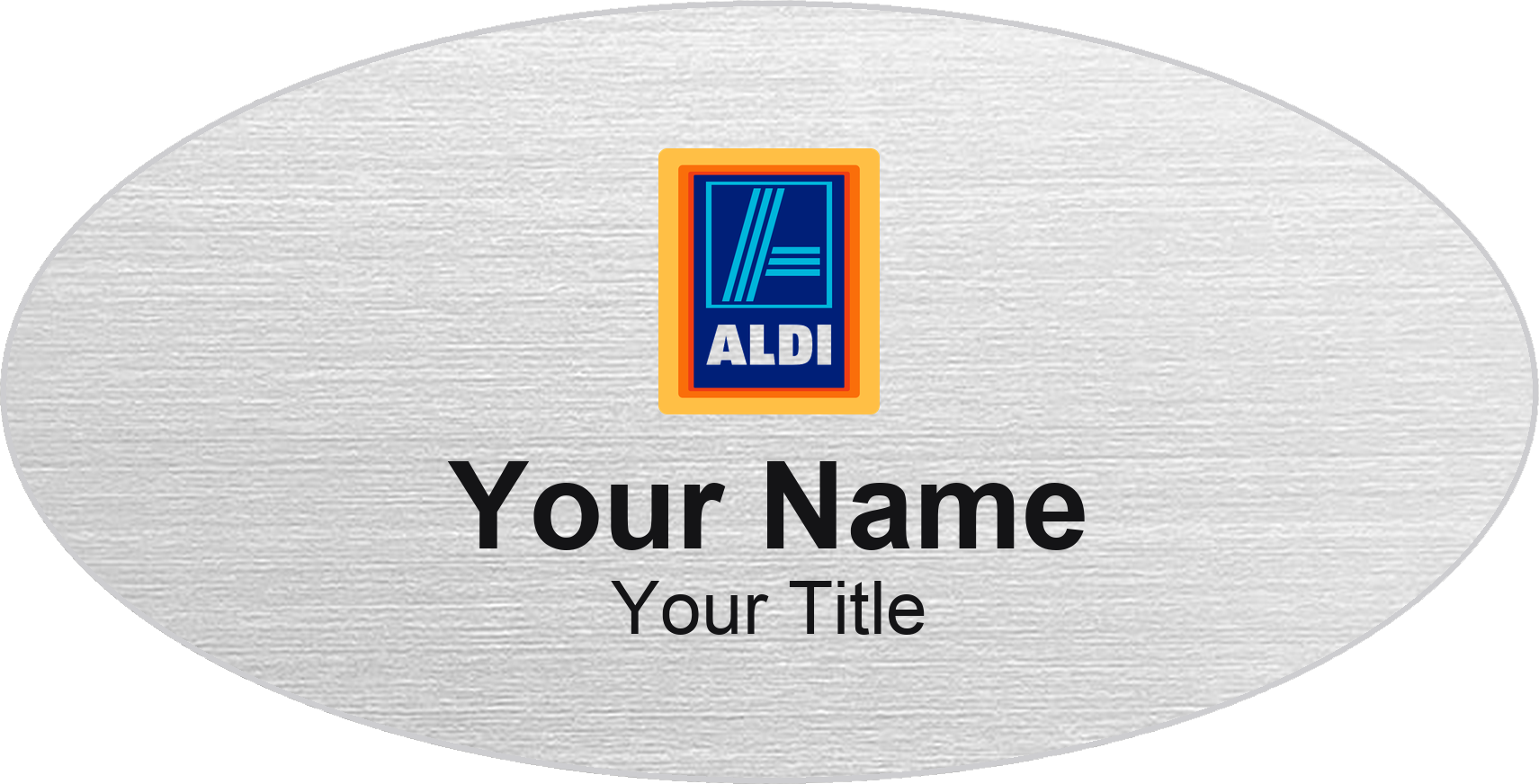 ALDI Name Badge, Silver Metallic, No Border Oval 3" × 1.5"