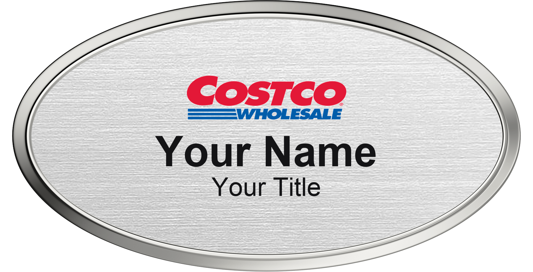 Costco Name Badge, Silver Metallic, Silver Border Oval 3" × 1.5"
