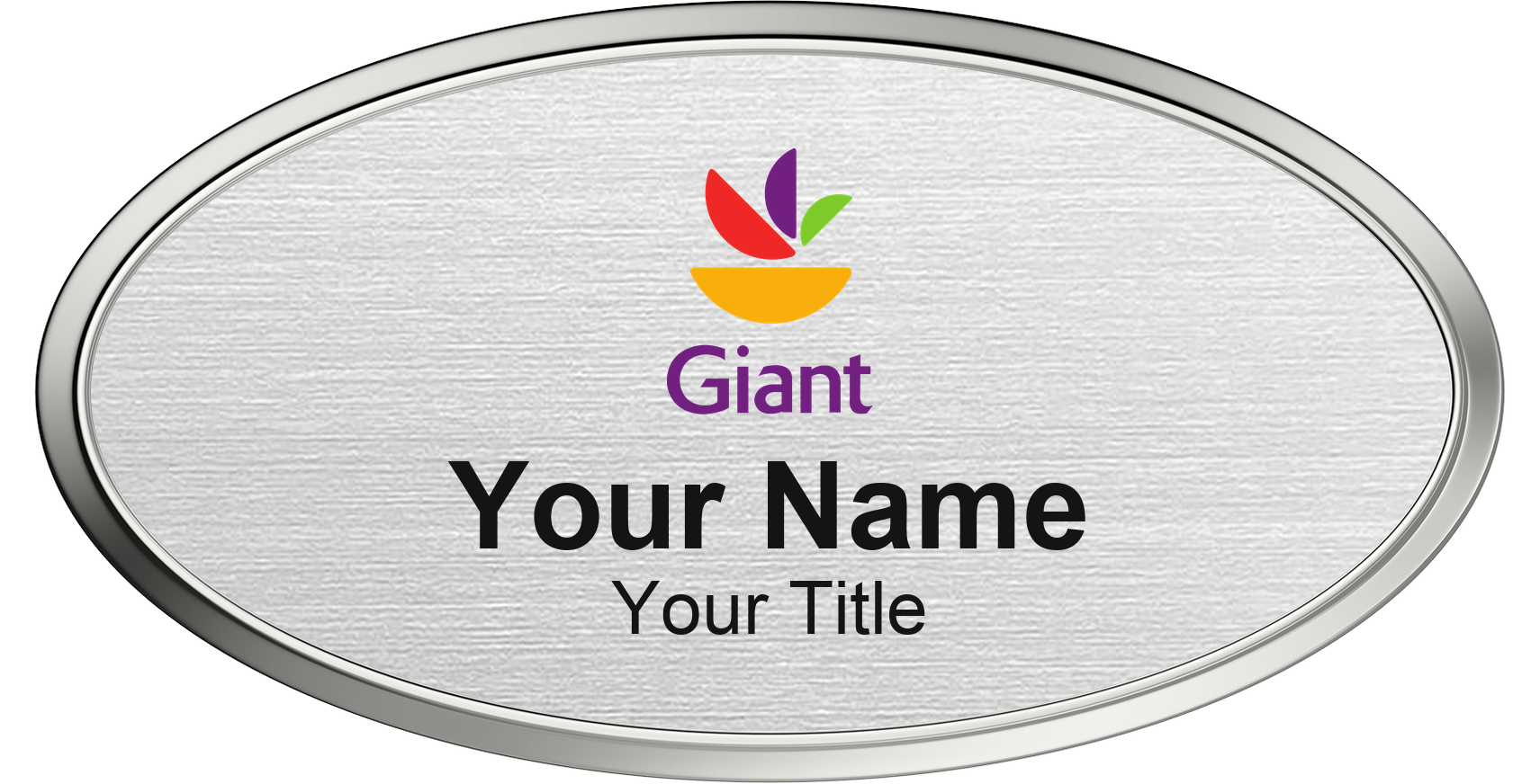 Giant Food Name Badge, Silver Metallic, Silver Border Oval 3" × 1.5"