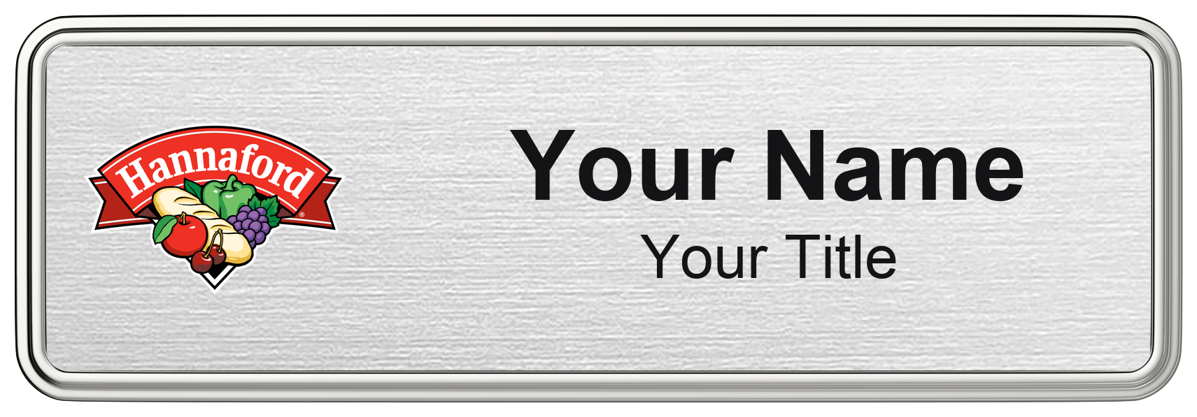 Hannaford Name Badge, Silver Metallic, Silver Border 3" × 1"