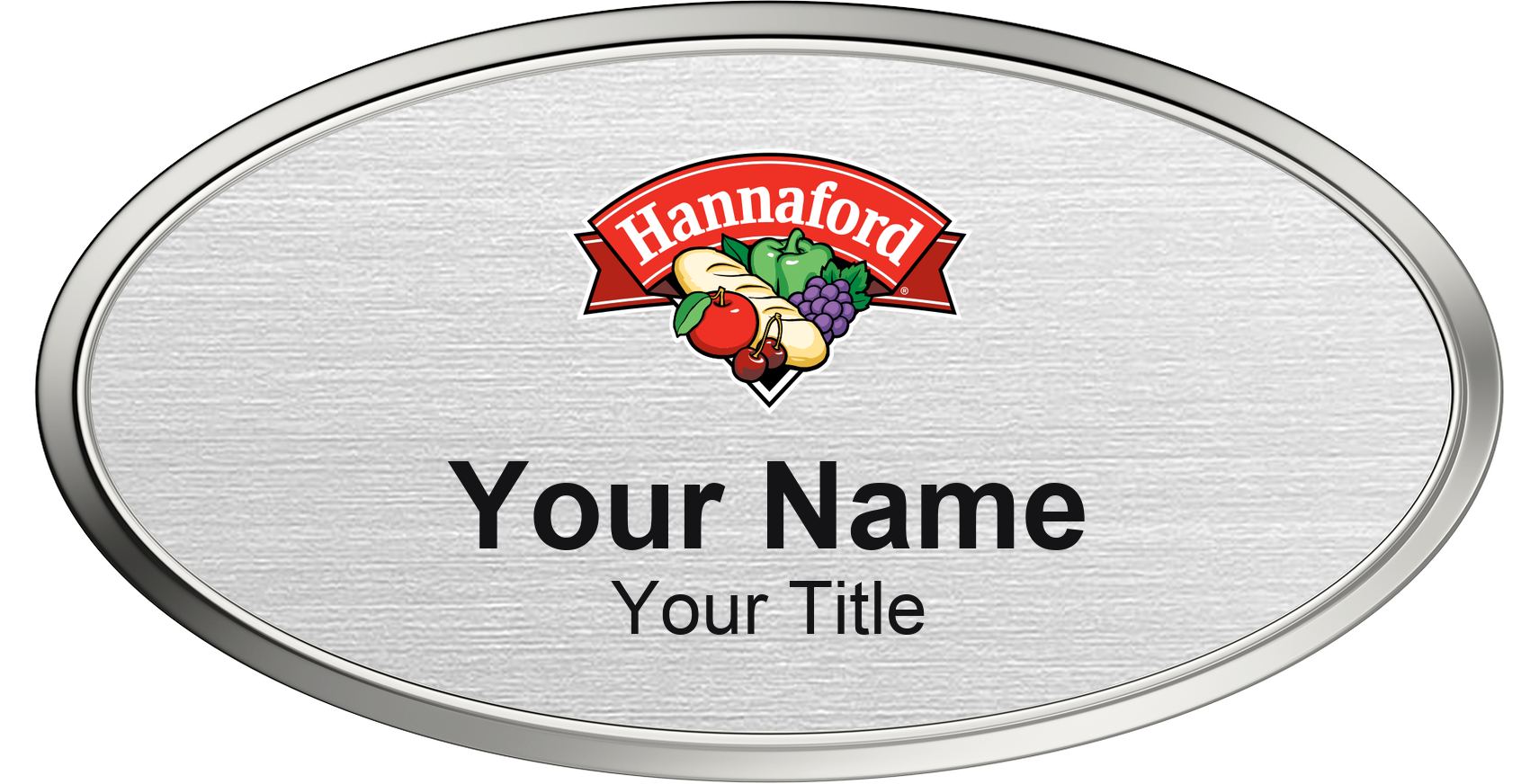 Hannaford Name Badge, Silver Metallic, Silver Border Oval 3" × 1.5"