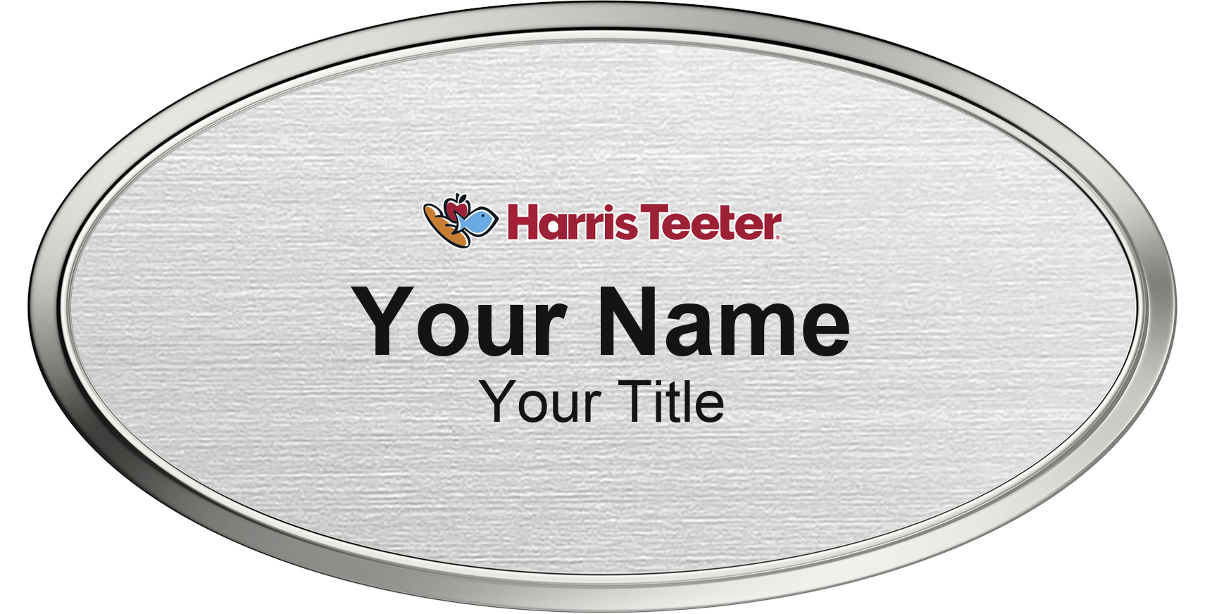 Harris Teeter Name Badge, Silver Metallic, Silver Border Oval 3" × 1.5"