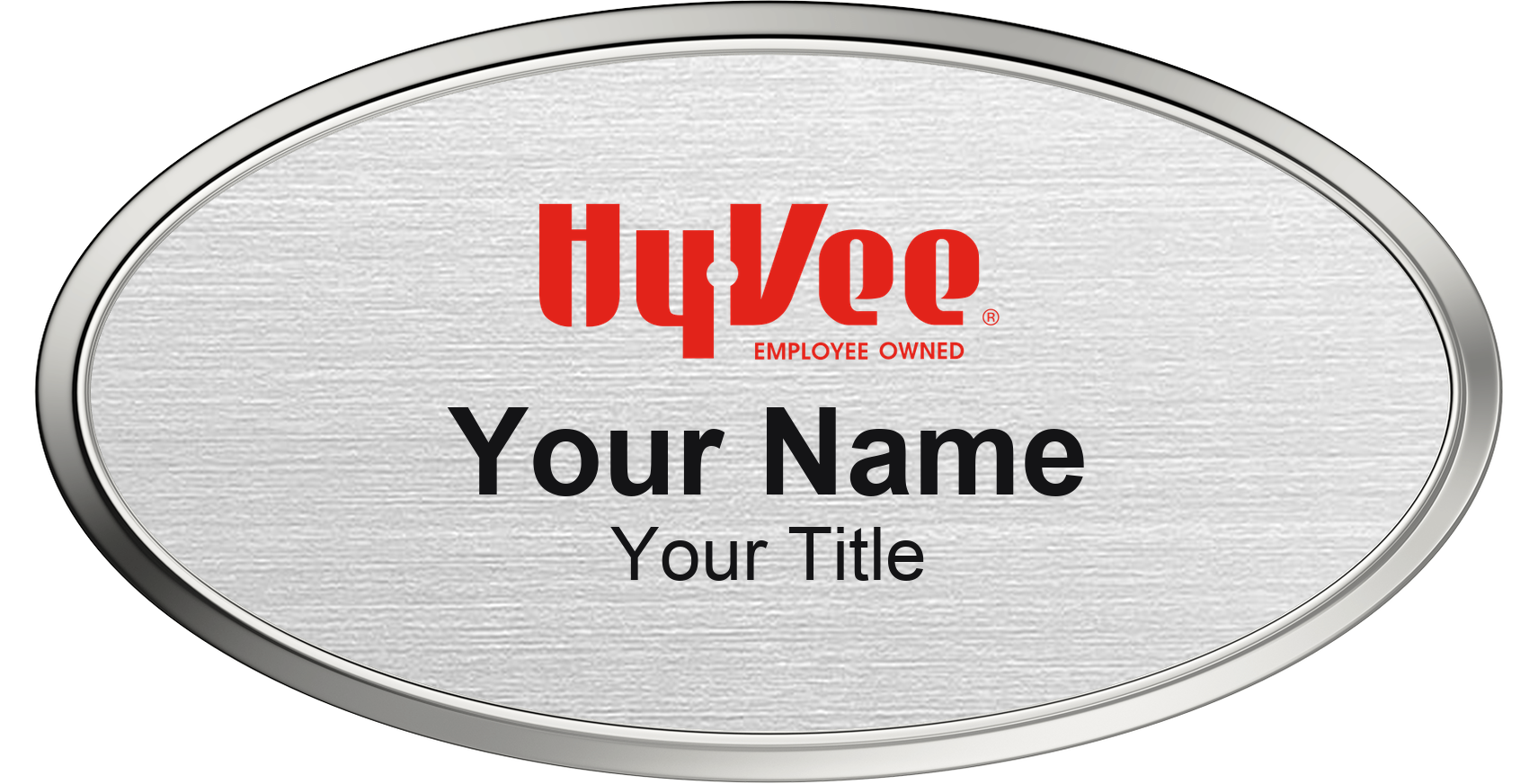 Hy-Vee Name Badge, Silver Metallic, Silver Border Oval 3" × 1.5"
