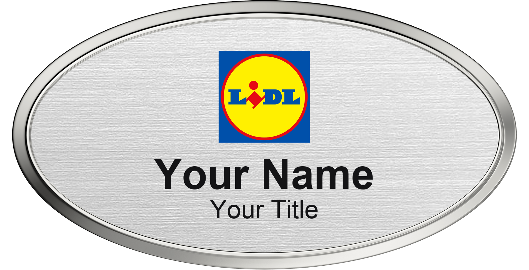 Lidl Name Badge, Silver Metallic, Silver Border Oval 3" × 1.5"