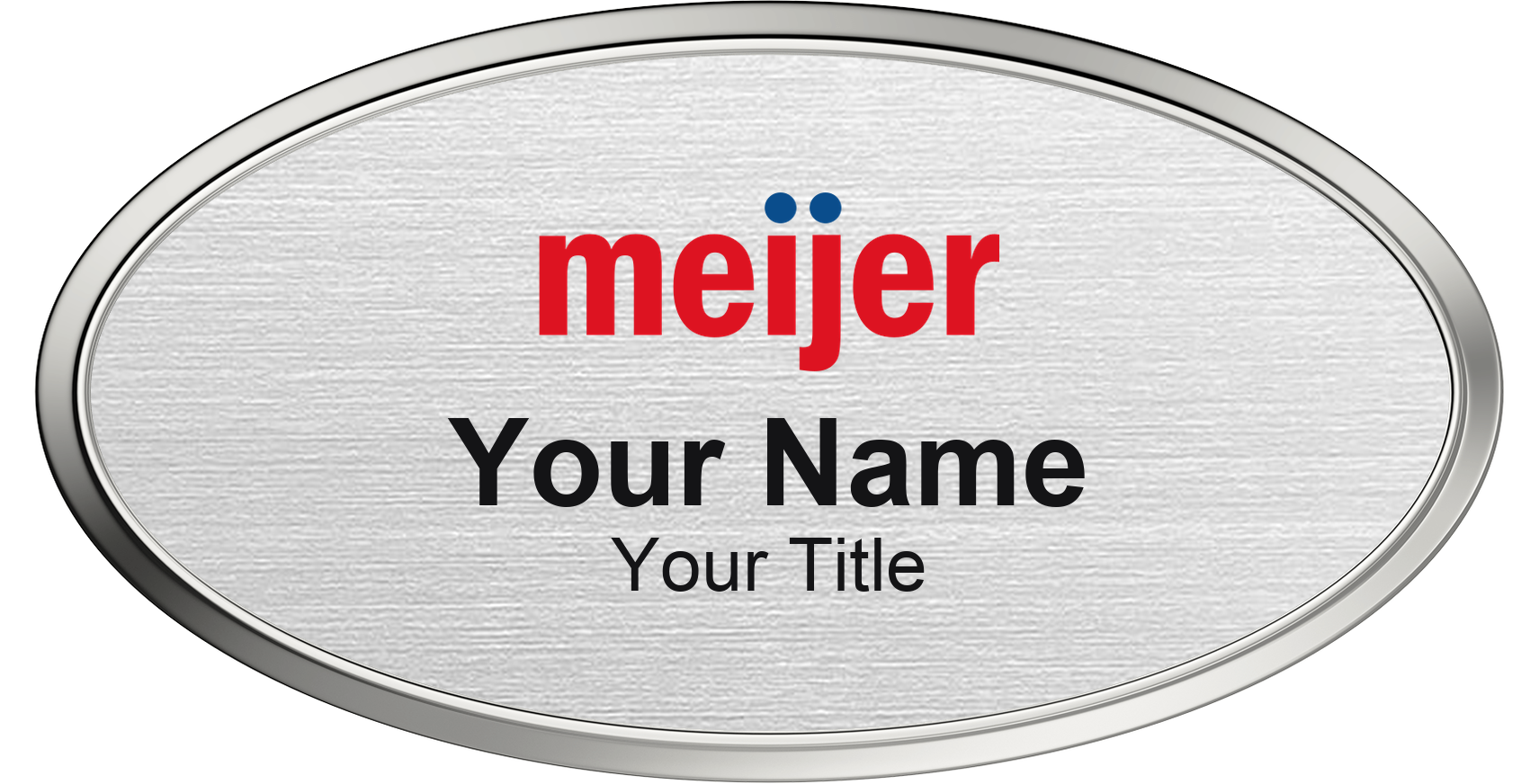 Meijer Name Badge, Silver Metallic, Silver Border Oval 3" × 1.5"