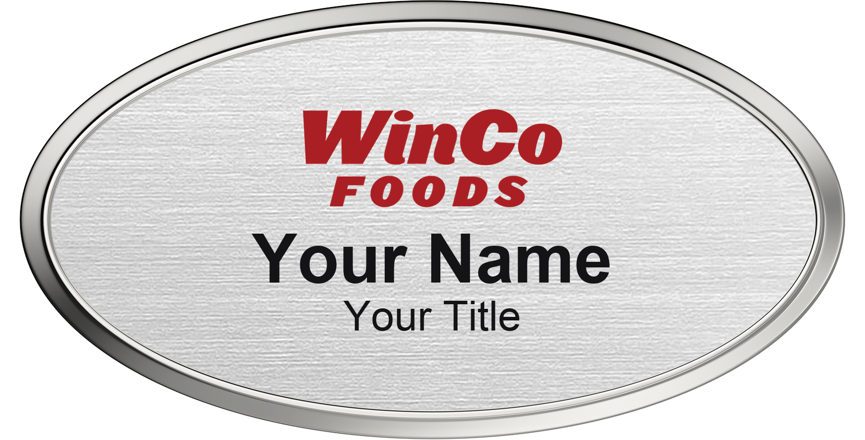 WinCo Foods grocery store name badge Silver Metallic, Silver Border