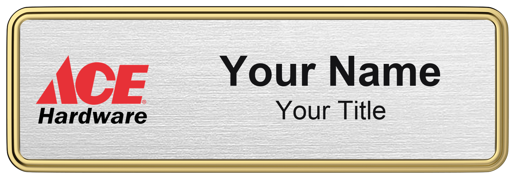 Ace Hardware Name Badge, Silver Metallic, Gold Border 3" × 1"