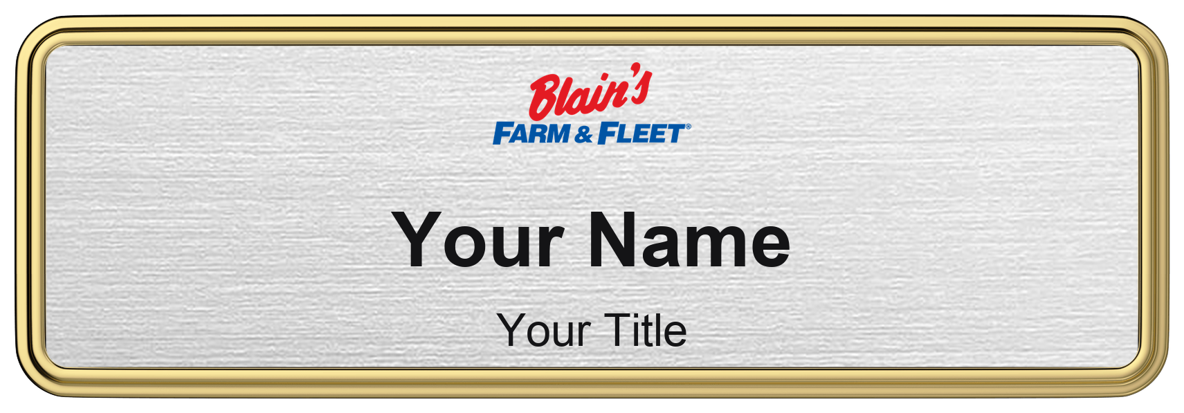 Blain's Farm & Fleet Name Badge, Silver Metallic, Gold Border 3" × 1"
