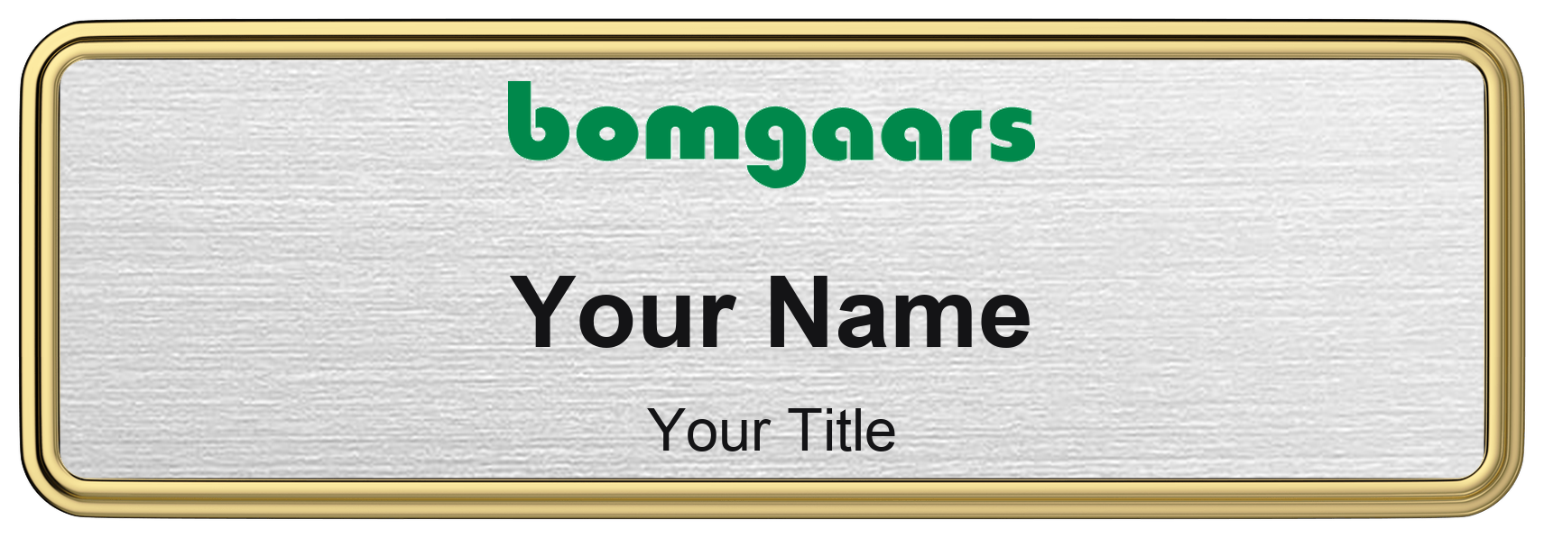 Bomgaars Name Badge, Silver Metallic, Gold Border 3" × 1"