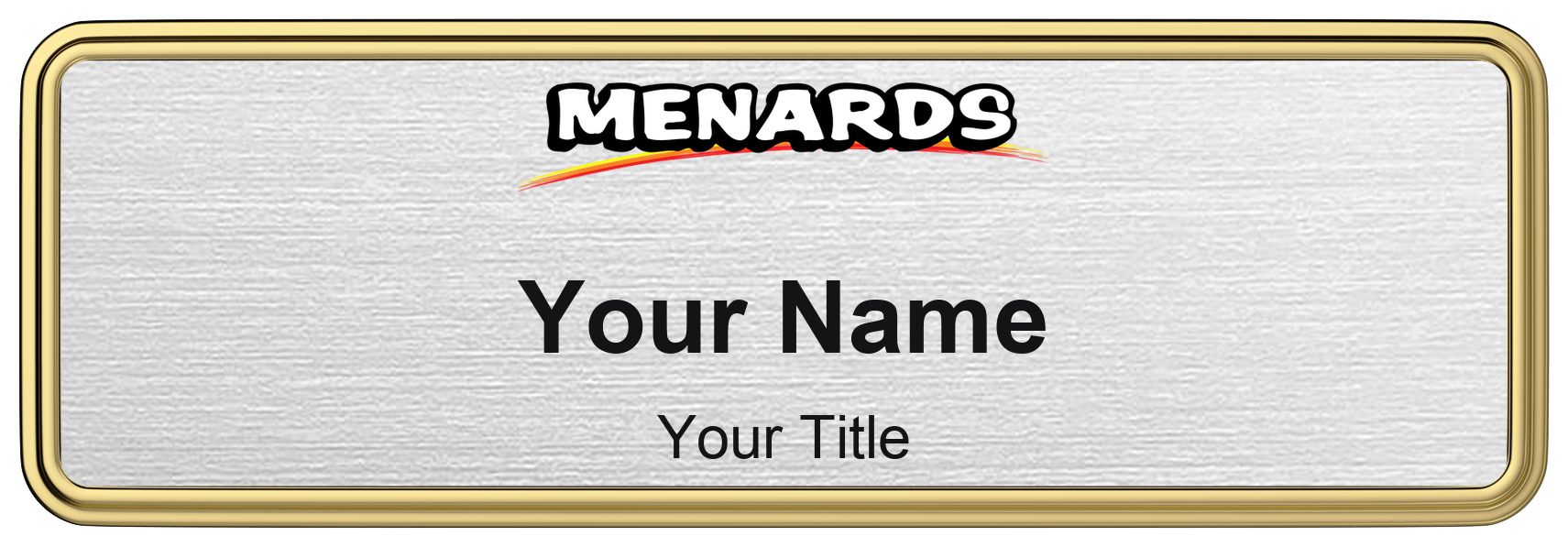 Menards Name Badge, Silver Metallic, Gold Border 3" × 1"