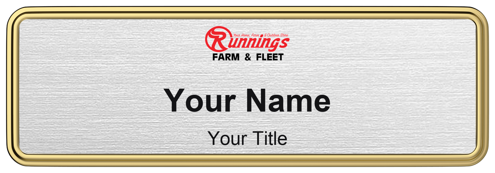 Runnings Name Badge, Silver Metallic, Gold Border 3" × 1"
