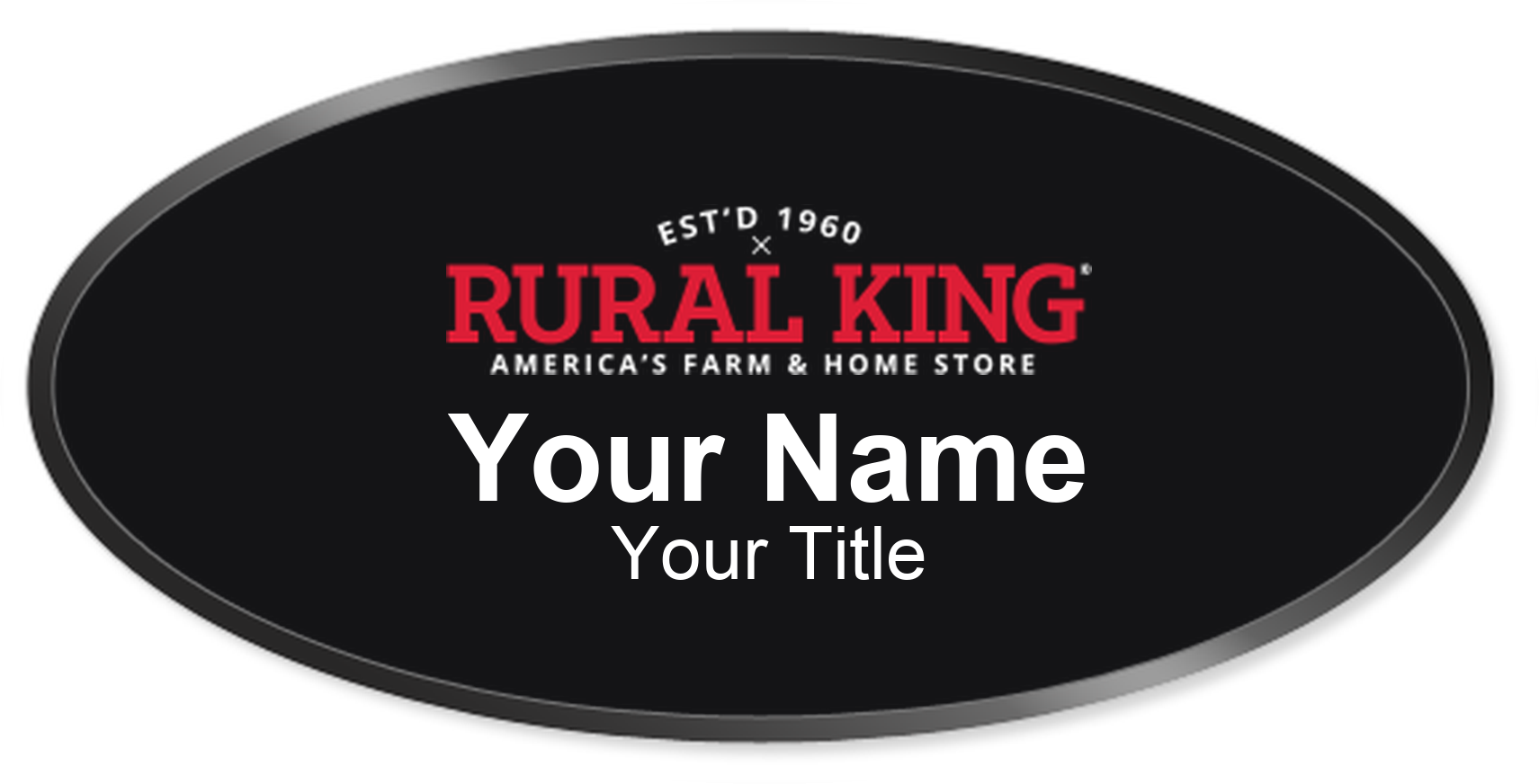 Rural King Name Badge, Black, Black Border Oval 3" × 1.5"