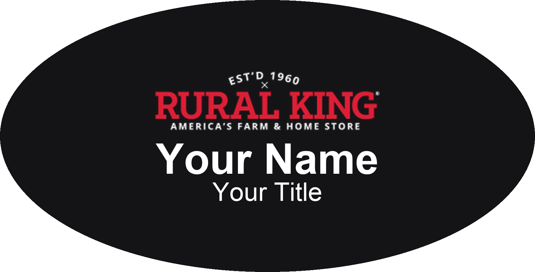 Rural King Name Badge, Black, No Border Oval 3" × 1.5"