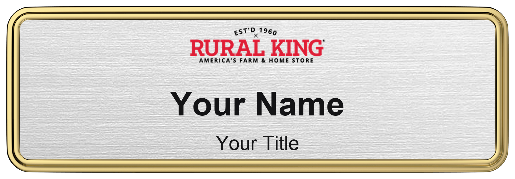 Rural King Name Badge, Silver Metallic, Gold Border 3" × 1"