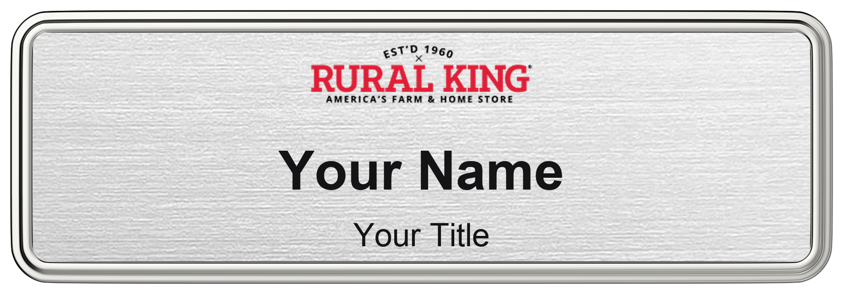 Rural King Name Badge, Silver Metallic, Silver Border 3" × 1"