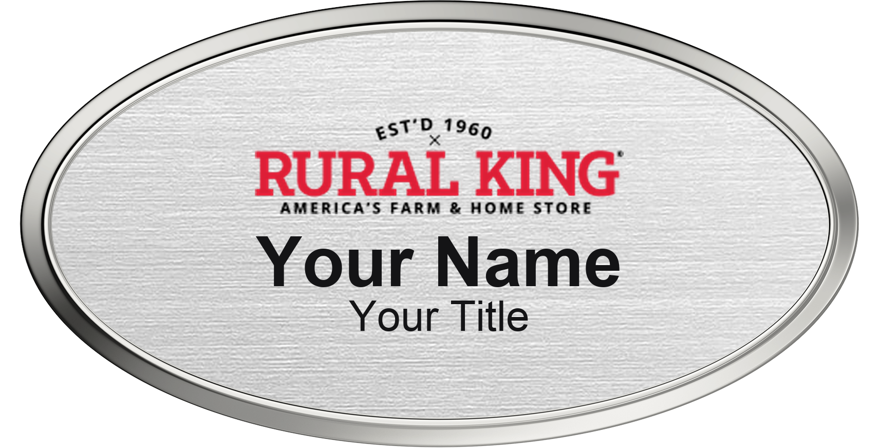 Rural King Name Badge, Silver Metallic, Silver Border Oval 3" × 1.5"