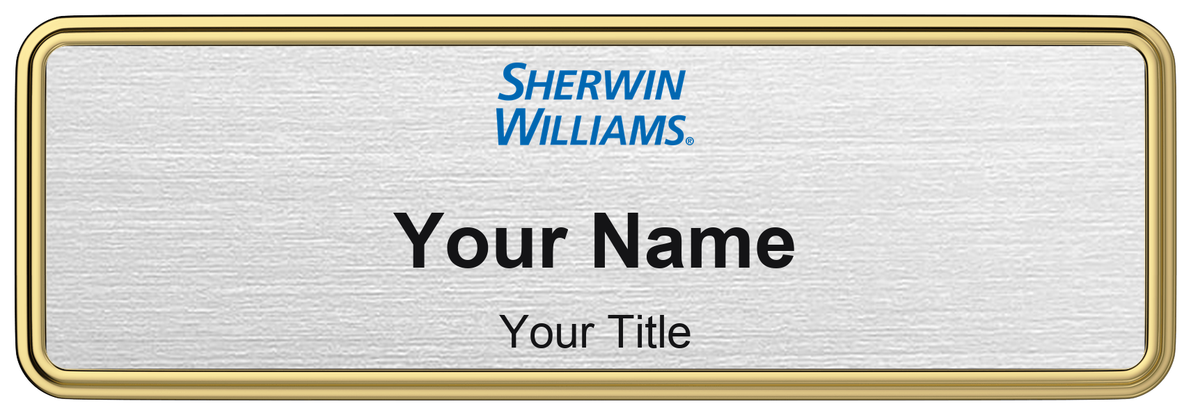 Sherwin-Williams Name Badge, Silver Metallic, Gold Border 3" × 1"