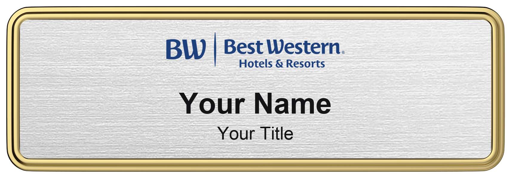 Best Western hotel staff name badge, 3" × 1" · Silver Metallic, Gold Border · Magnetic, magnetic, made in USA