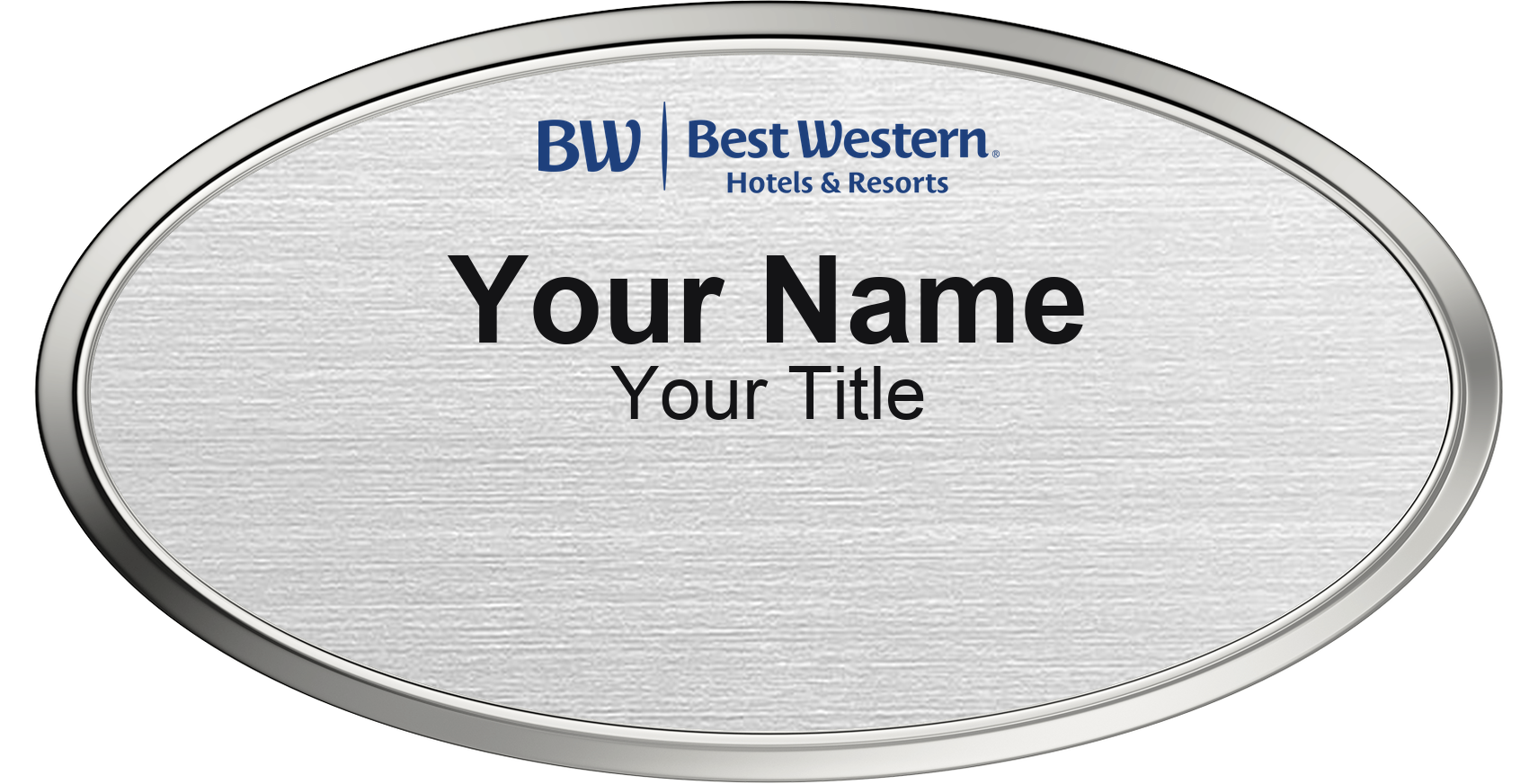 Best Western hotel staff name badge, Oval 3" × 1.5" · Silver Metallic, Silver Border · Magnetic, magnetic, made in USA