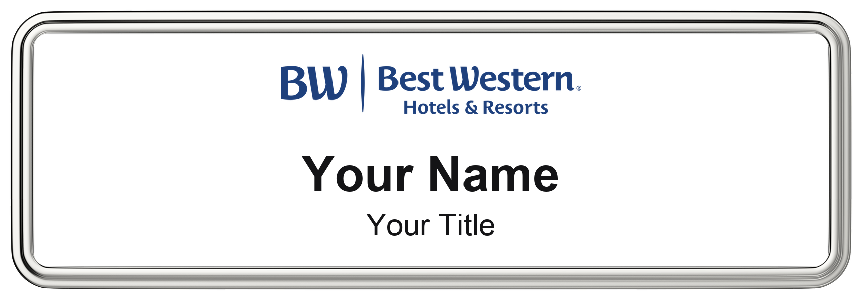 Best Western hotel staff name badge, 3" × 1" · White, Silver Border · Magnetic, magnetic, made in USA