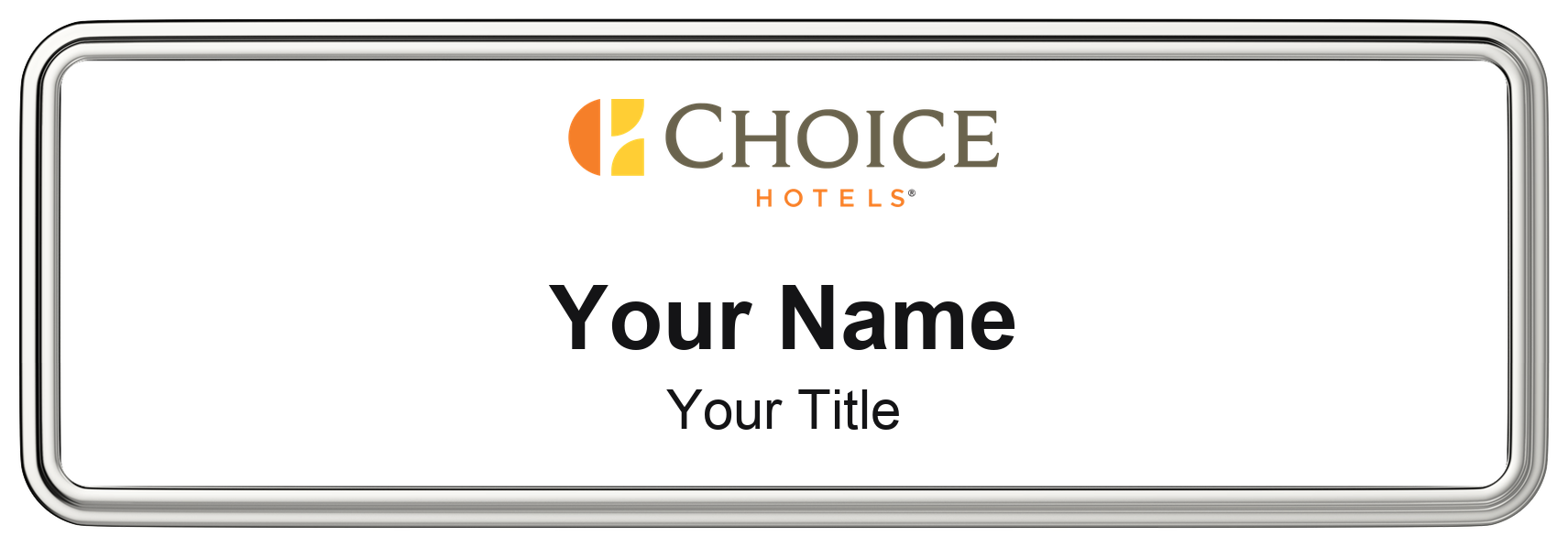 Choice Hotels hotel staff name badge, 3" × 1" · White, Silver Border · Magnetic, magnetic, made in USA
