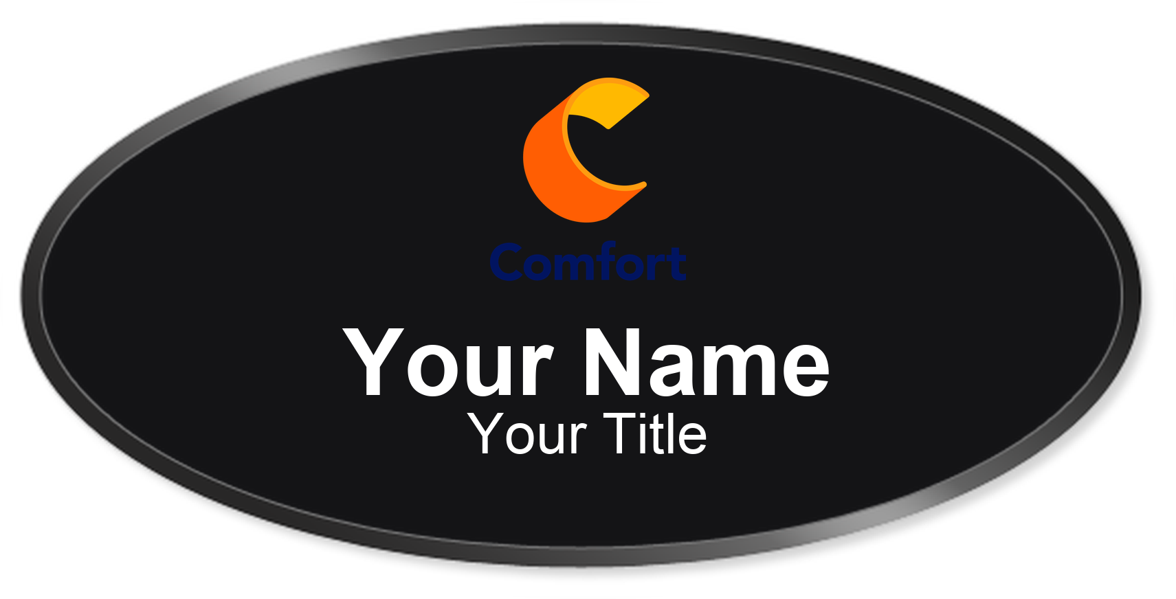 Comfort Inn hotel staff name badge, Oval 3" × 1.5" · Black, Black Border · Magnetic, magnetic, made in USA