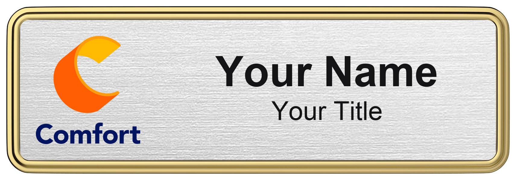 Comfort Inn hotel staff name badge, 3" × 1" · Silver Metallic, Gold Border · Magnetic, magnetic, made in USA