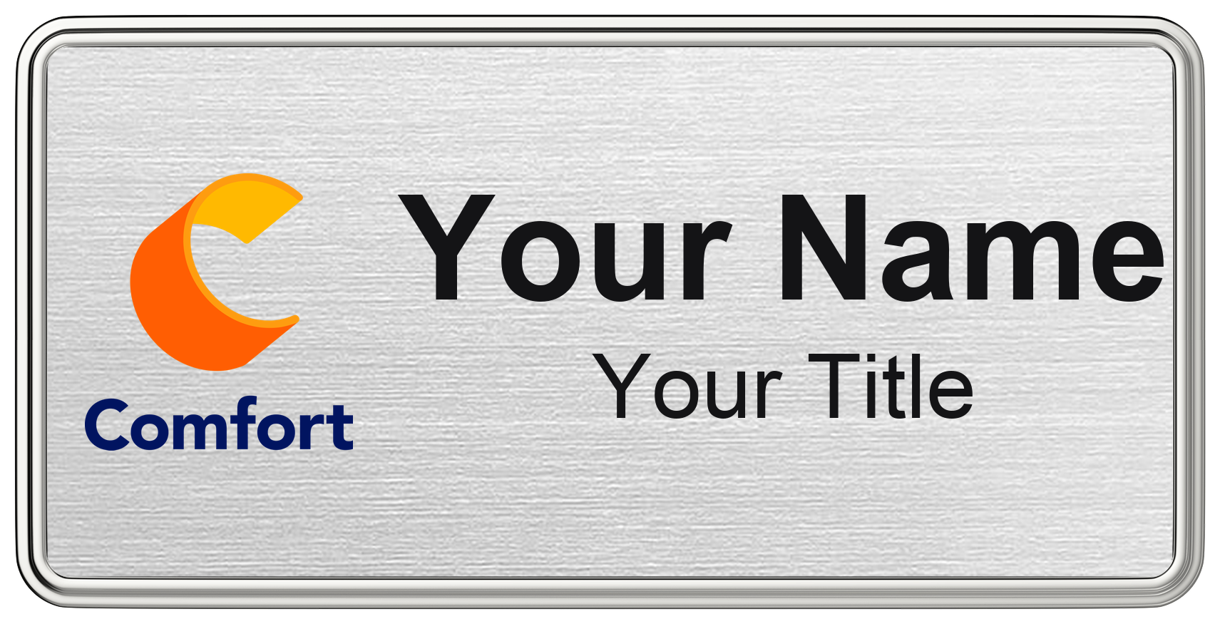 Comfort Inn hotel staff name badge, 3" × 1.5" · Silver Metallic, Silver Border · Magnetic, magnetic, made in USA