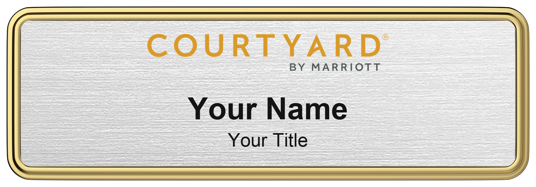Courtyard by Marriott hotel staff name badge, 3" × 1" · Silver Metallic, Gold Border · Magnetic, magnetic, made in USA