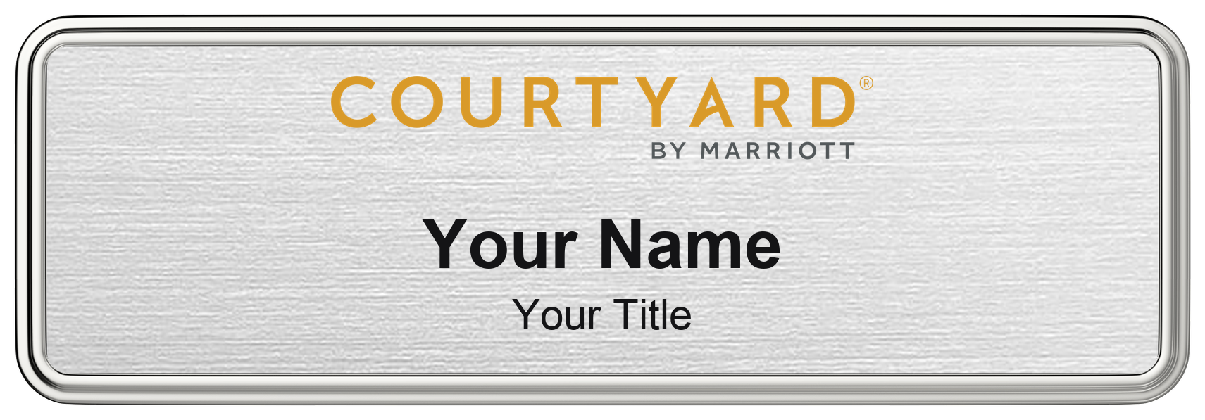 Courtyard by Marriott hotel staff name badge, 3" × 1" · Silver Metallic, Silver Border · Magnetic, magnetic, made in USA