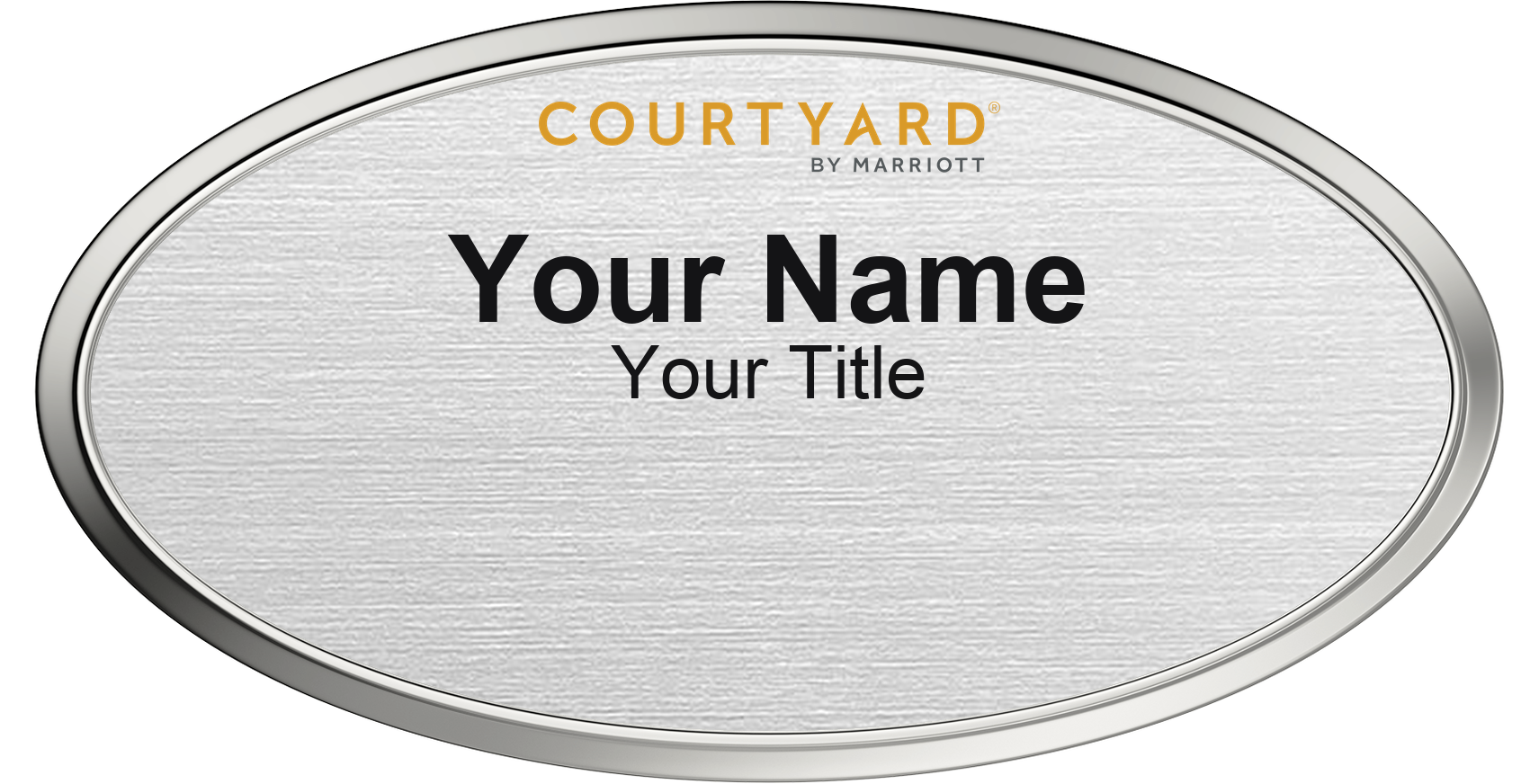 Courtyard by Marriott hotel staff name badge, Oval 3" × 1.5" · Silver Metallic, Silver Border · Magnetic, magnetic, made in USA