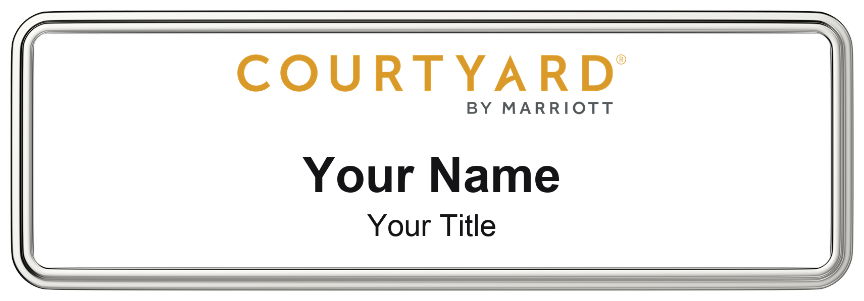 Courtyard by Marriott hotel staff name badge, 3" × 1" · White, Silver Border · Magnetic, magnetic, made in USA