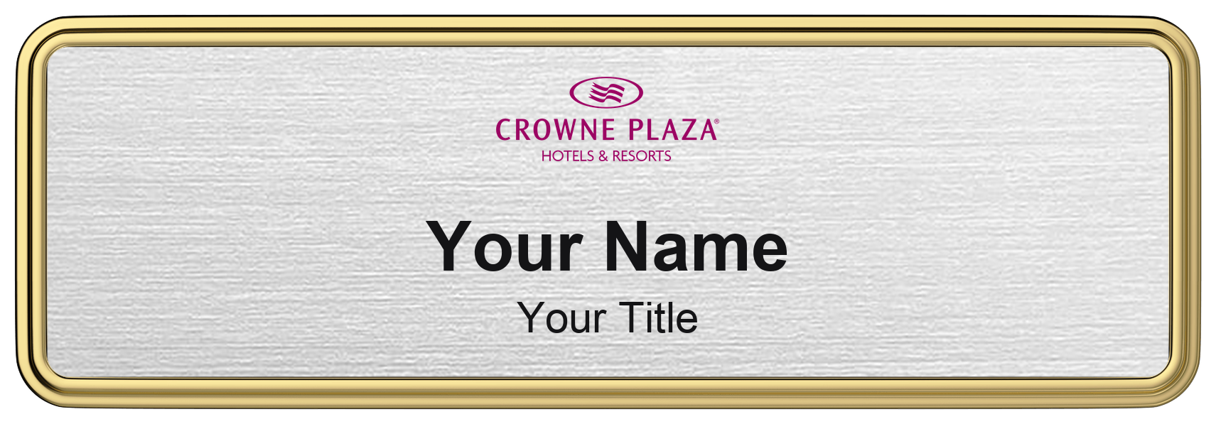 Crowne Plaza hotel staff name badge, 3" × 1" · Silver Metallic, Gold Border · Magnetic, magnetic, made in USA