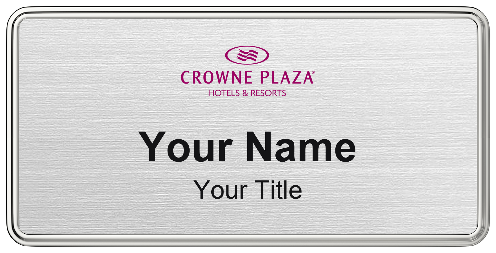 Crowne Plaza hotel staff name badge, 3" × 1.5" · Silver Metallic, Silver Border · Magnetic, magnetic, made in USA