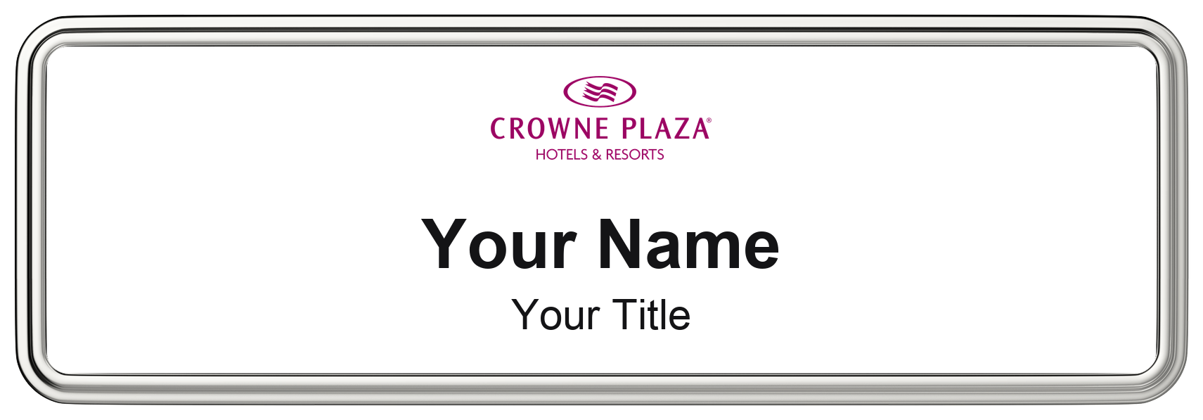 Crowne Plaza hotel staff name badge, 3" × 1" · White, Silver Border · Magnetic, magnetic, made in USA