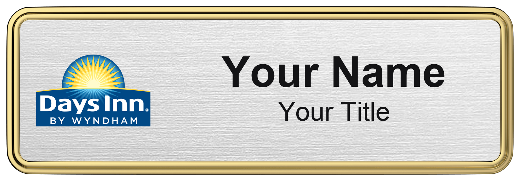 Days Inn hotel staff name badge, 3" × 1" · Silver Metallic, Gold Border · Magnetic, magnetic, made in USA