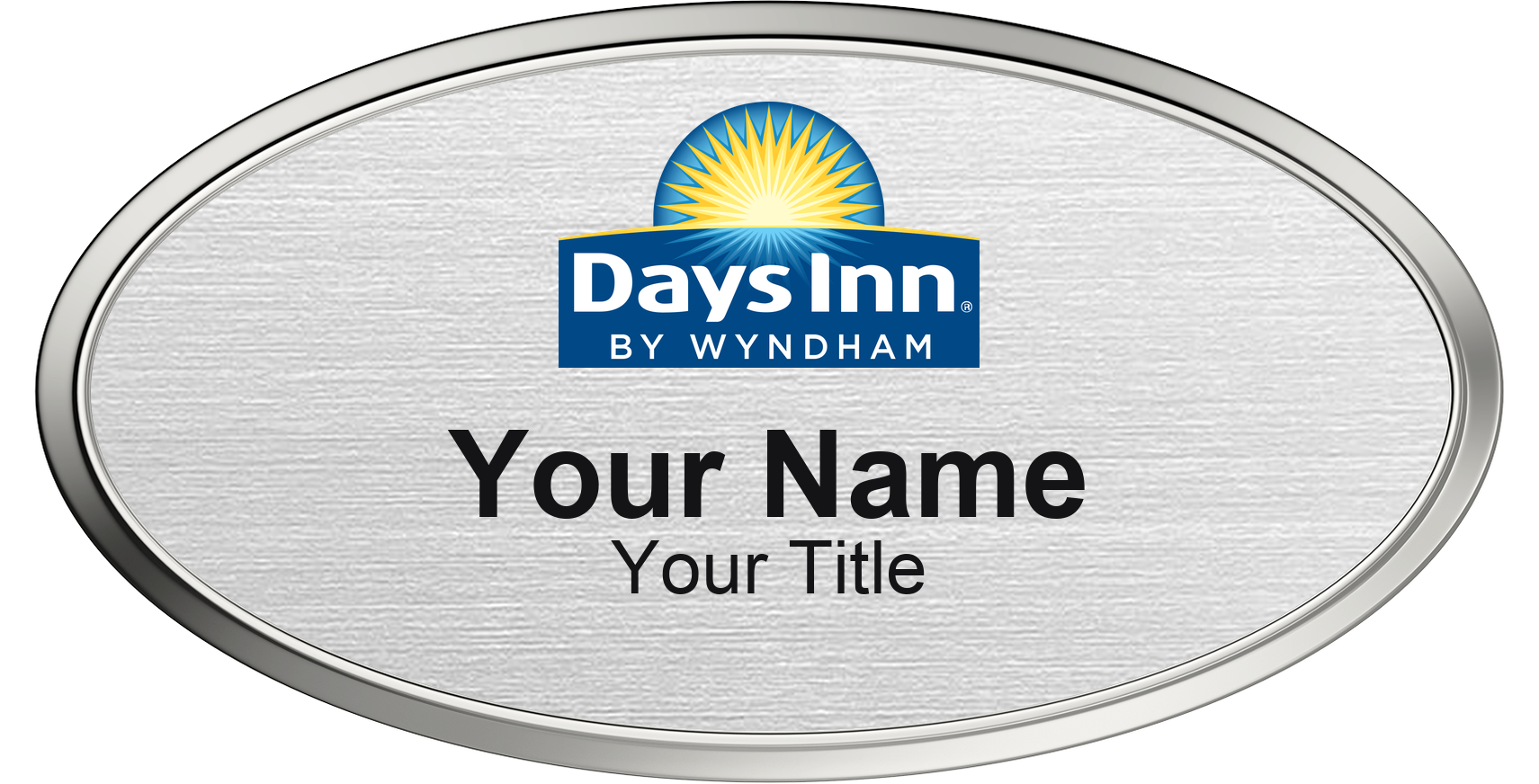 Days Inn hotel staff name badge, Oval 3" × 1.5" · Silver Metallic, Silver Border · Magnetic, magnetic, made in USA