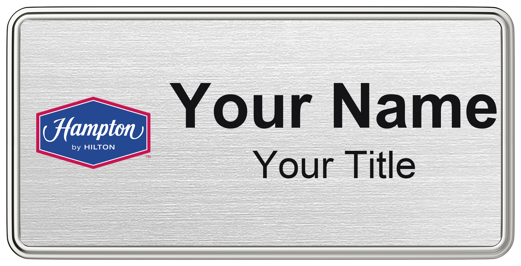 Hampton Inn hotel staff name badge, 3" × 1.5" · Silver Metallic, Silver Border · Magnetic, magnetic, made in USA