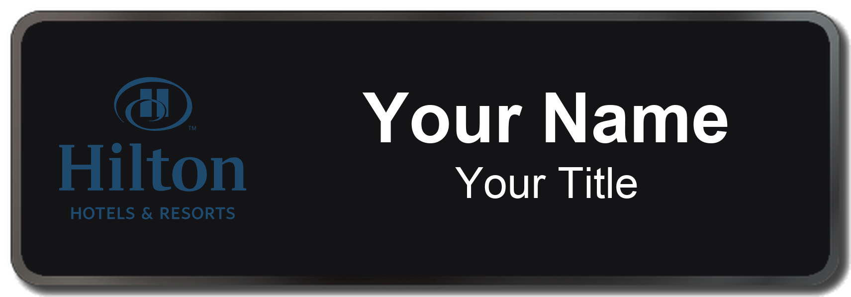 Hilton hotel staff name badge, 3" × 1" · Black, Black Border · Magnetic, magnetic, made in USA