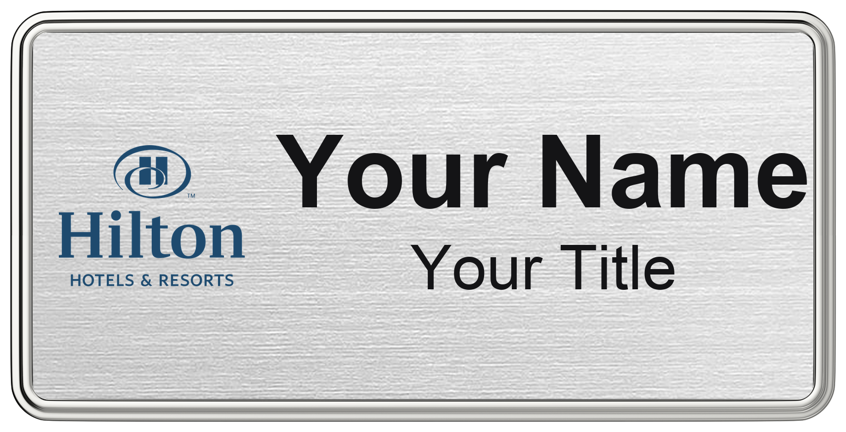 Hilton hotel staff name badge, 3" × 1.5" · Silver Metallic, Silver Border · Magnetic, magnetic, made in USA