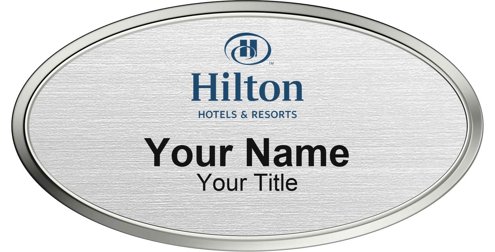 Hilton hotel staff name badge, Oval 3" × 1.5" · Silver Metallic, Silver Border · Magnetic, magnetic, made in USA