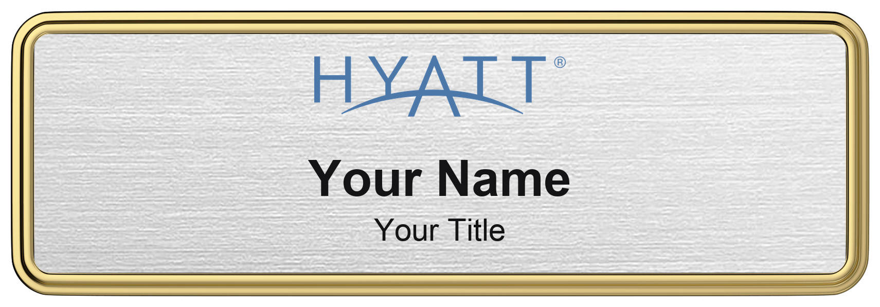 Hyatt hotel staff name badge, 3" × 1" · Silver Metallic, Gold Border · Magnetic, magnetic, made in USA