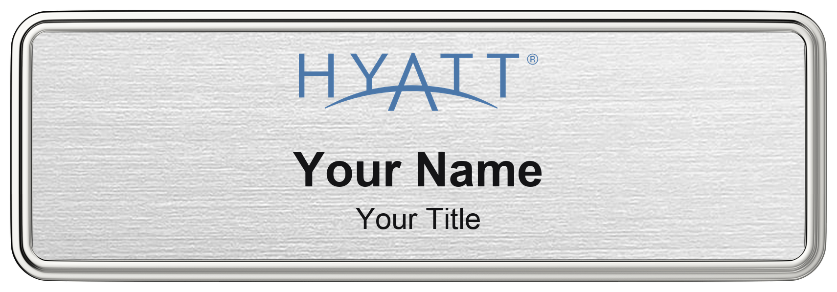Hyatt hotel staff name badge, 3" × 1" · Silver Metallic, Silver Border · Magnetic, magnetic, made in USA