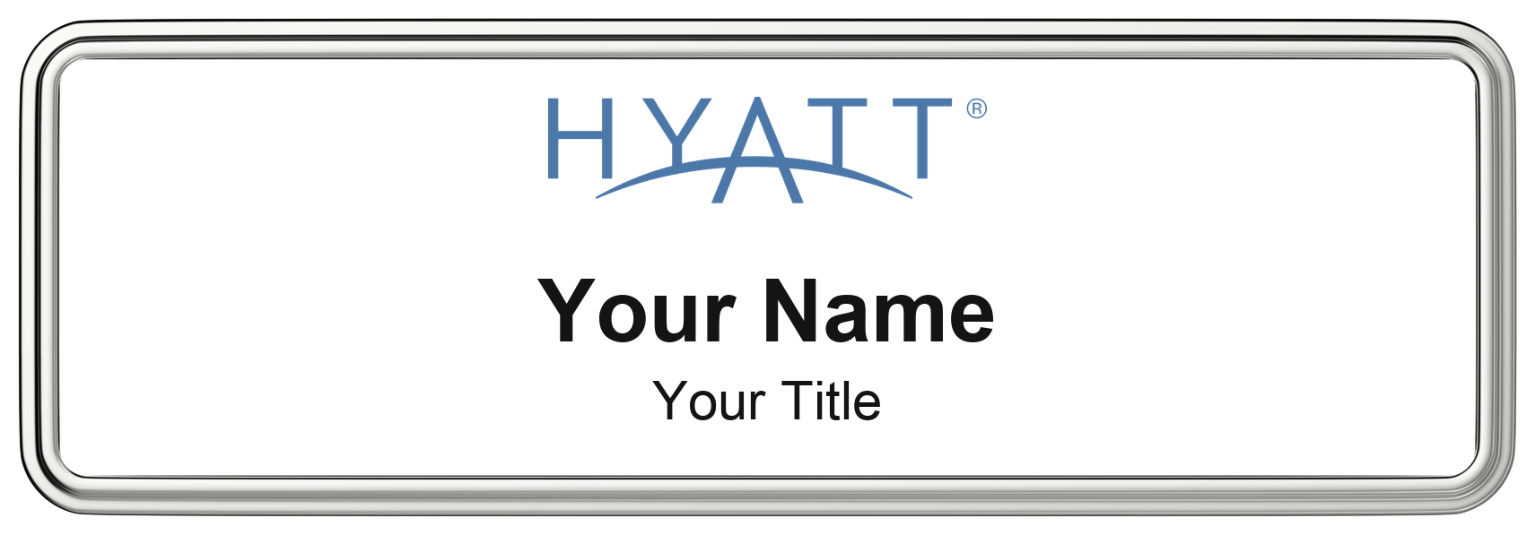 Hyatt hotel staff name badge, 3" × 1" · White, Silver Border · Magnetic, magnetic, made in USA