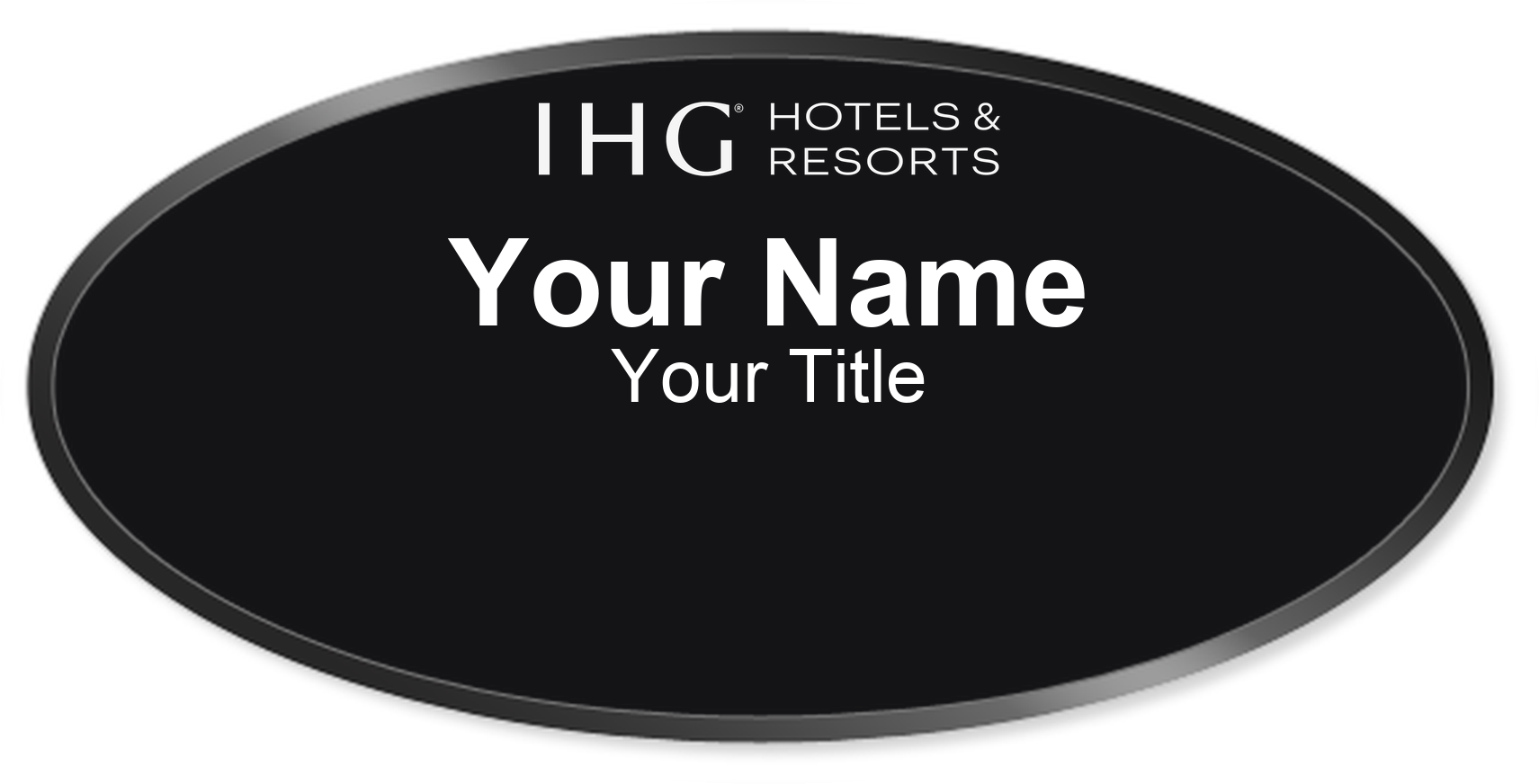 IHG Hotels hotel staff name badge, Oval 3" × 1.5" · Black, Black Border · Magnetic, magnetic, made in USA